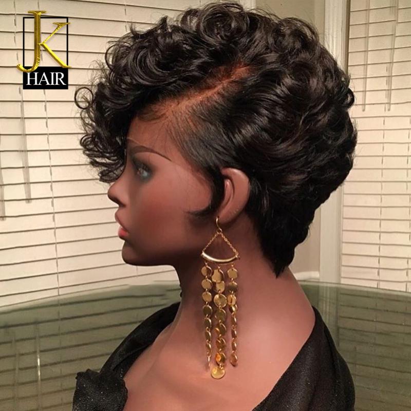 

Bouncy Curly Pixie Cut Lace Front Human Hair Wigs For Women Black Remy Brazilian Short Bob Front Wig With Bangs JK Elegant Queen, Natural color