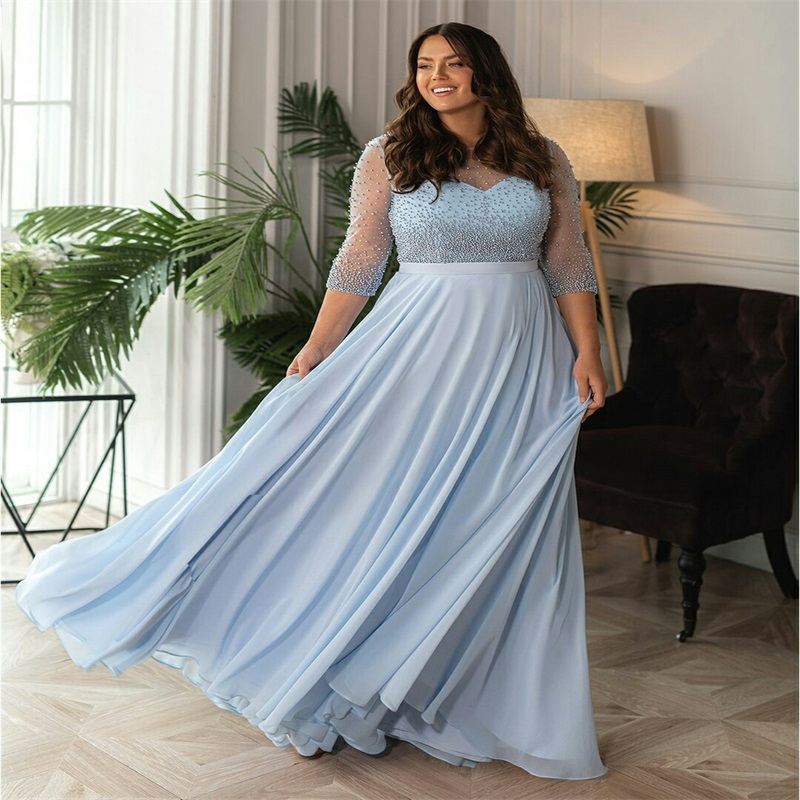 Plus Size Light Sky Blue Prom Dresses Sexy Backless Beads Evening Dress Plus Size Ruched Chiffon Custom Made Party Dress