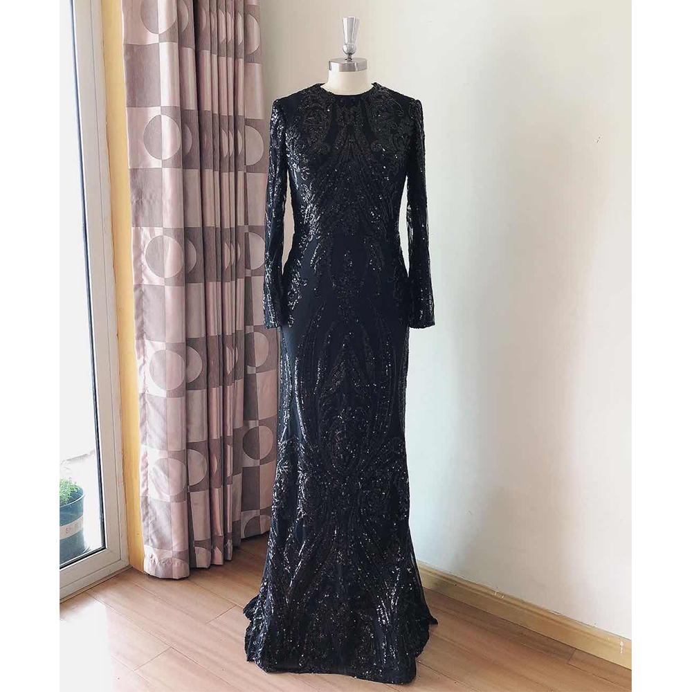 2021 Arabic Dubai Mermaid Formal Evening Dresses With Detachable Train Appliques Glitter Sequins Women Elegant Long Sleeves Prom Party Gowns