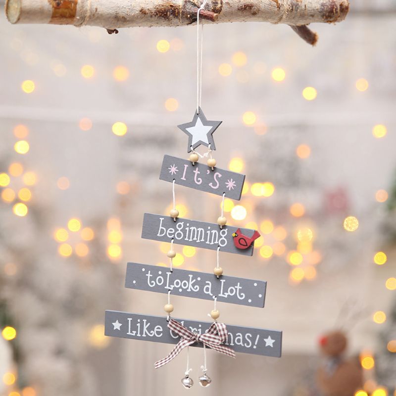 Creative Merry Christmas Tree Hanging Ornaments Wooden Star Letters Crafts with Bowknot Ring Bell Xmas Home Party Decoration