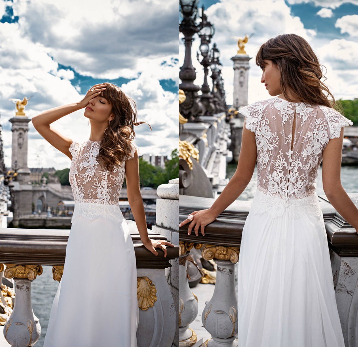 Bohemian A Line Wedding Dresses Illusion Jewel Neck Short Sleeve Appliques Bridal Gowns Floor Length Button Back Wedding Dress