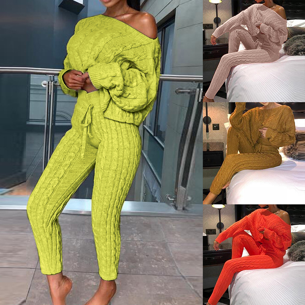 2020 New Womens Ladies Solid Off Shoulder Cable Knitted Warm Loungewear Set Autumn Sweater Women Sweater Winter Clothes Suit Y200909