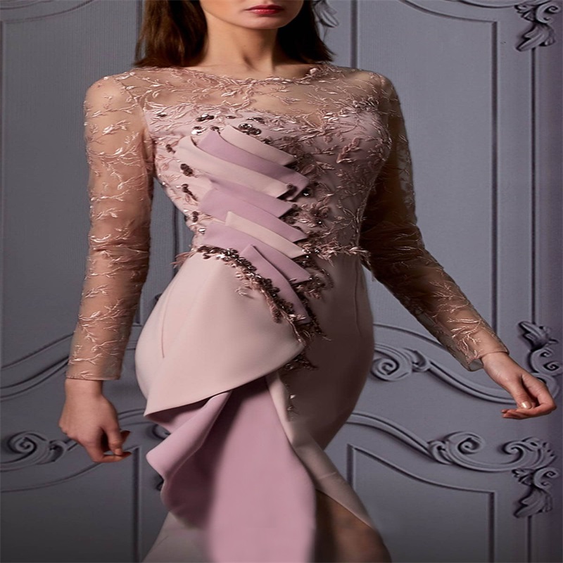 sexy sidesplit evening dresses newest long sleeves lace beads appliqued formal party dress ruched satin sweep train custom made prom dress