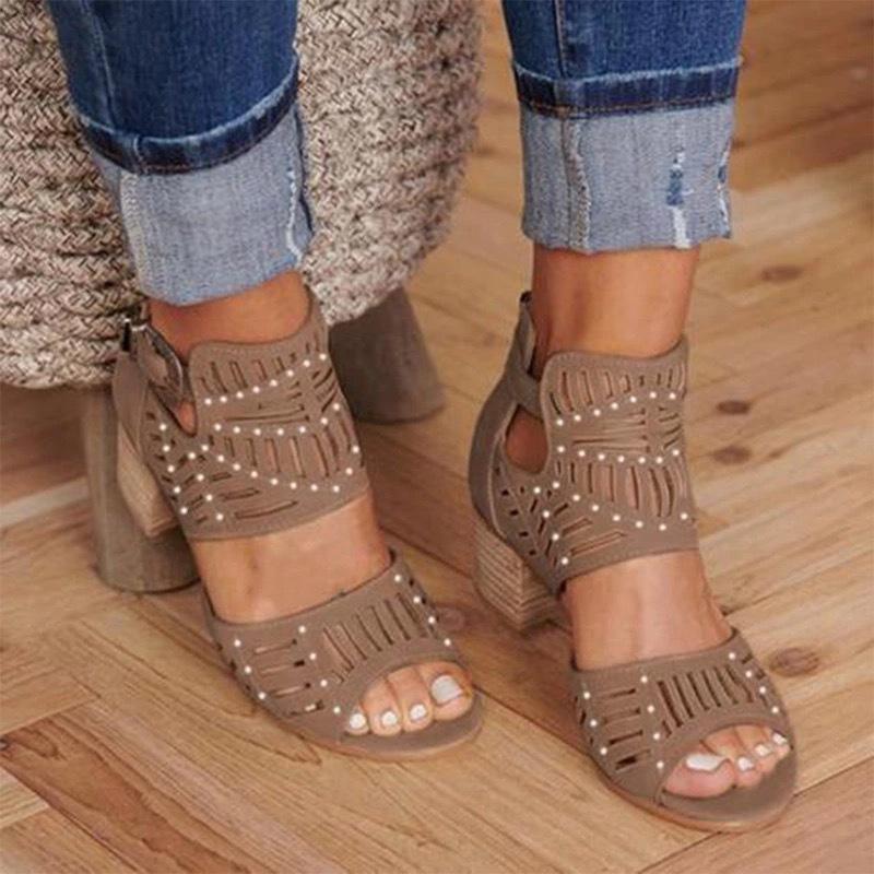 New Classic Women Fashion Sandals Thick heel Women Vintage Hollow carved Peep Toe Square Heel Wedges Sandals High Heels Shoes