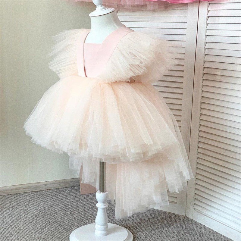 Pink Chic Floral Ball Gown Flower Girl Dresses Ruffle Tulle Cute Hand Made Flower Girl Pageant Gowns Custom Made First Communion Gown