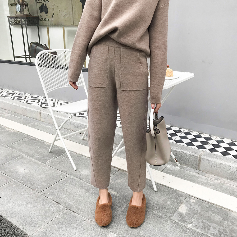 Women Autumn Winter Knitted Sweater 2 Two Piece Set Casual Tracksuit Round Collar Jumpers with High Waist Wide Leg Pants T200916