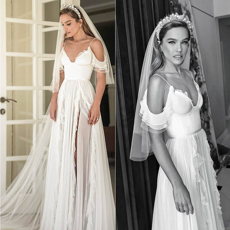 2021 Spaghetti Straps Boho Wedding Dresses Bridal Gowns A Line Sexy Side High Split Puffy Chiffon Beach Bride Dress Floor Length