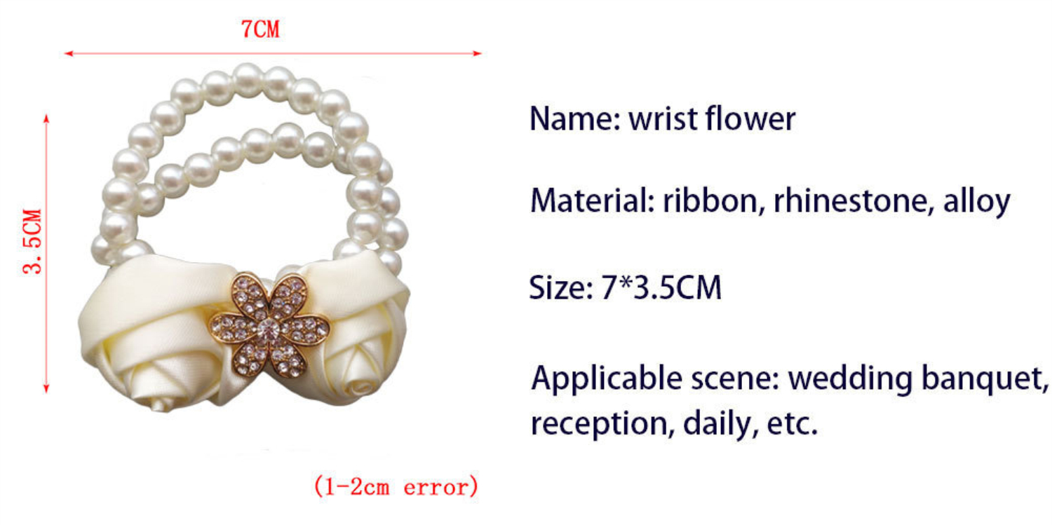 White Pearls Beading Bridesmaid Wrist Corsage Silk Rose Flowers Hand Made Wedding Party Accessories Supplies Bridal Ribbon Simulation Rhinestone Wrist
