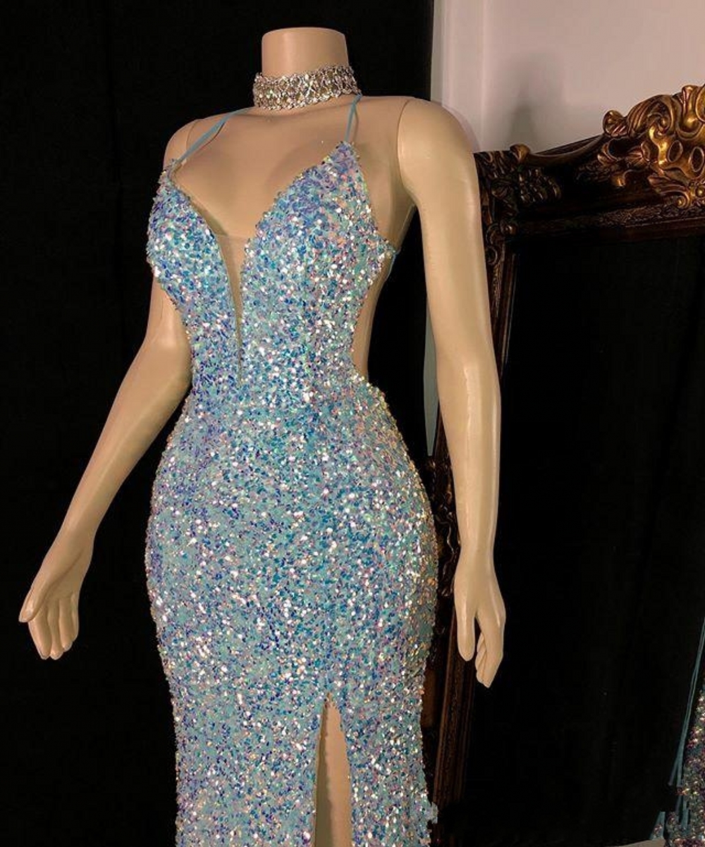 Candy Color Sparkly Sequined Evening Dresses 2021 Sexy Spaghetti Mermaid Long Slit Trumpet Prom Dress Wear Robe de soirée