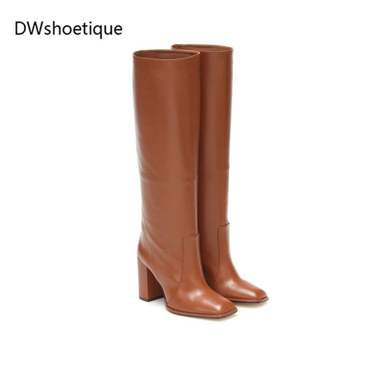 Winter square toe high heel women knee boots slip on women long boots, Black