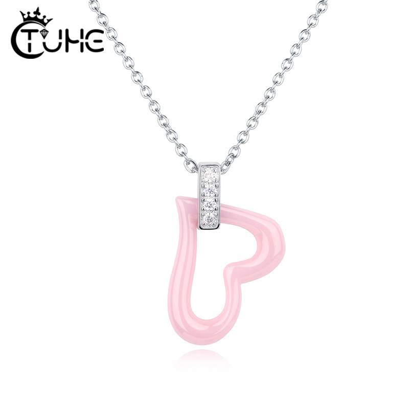 Simple Crystal CZ Heart Pendant Necklace Healthy Ceramic Chain Necklaces For Women Wedding Jewelry Gifts White Pink Never Fade