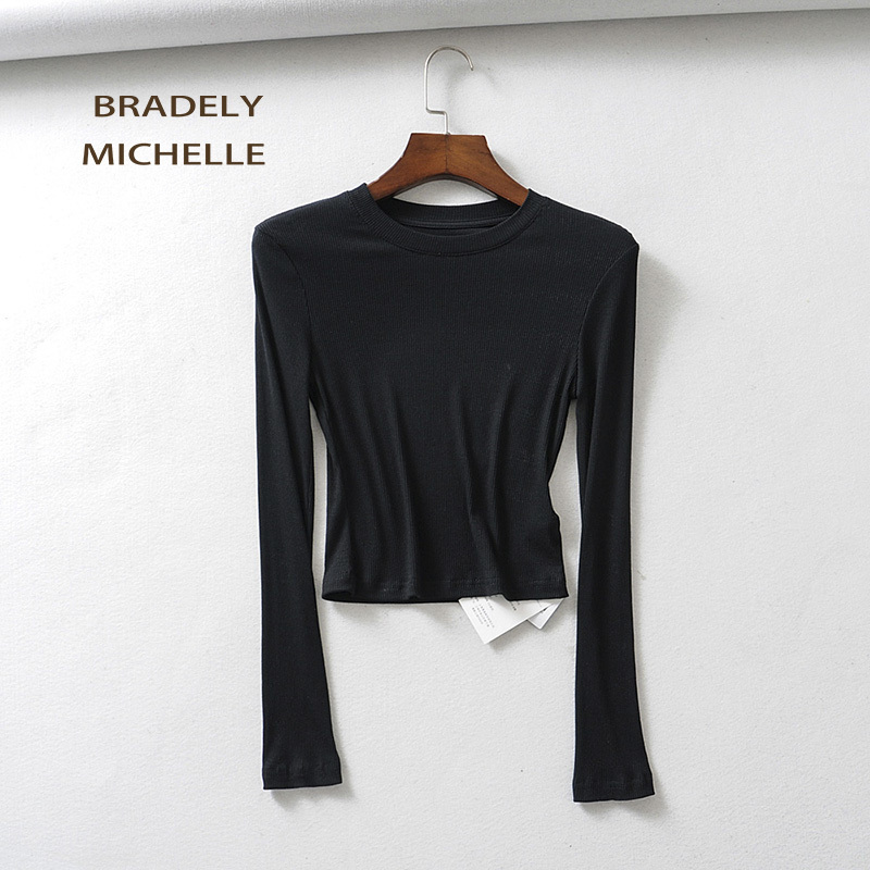 BRADELY MICHELLE Summer sexy women oneck longsleeve Tshirt slim elastic cotton crop tops