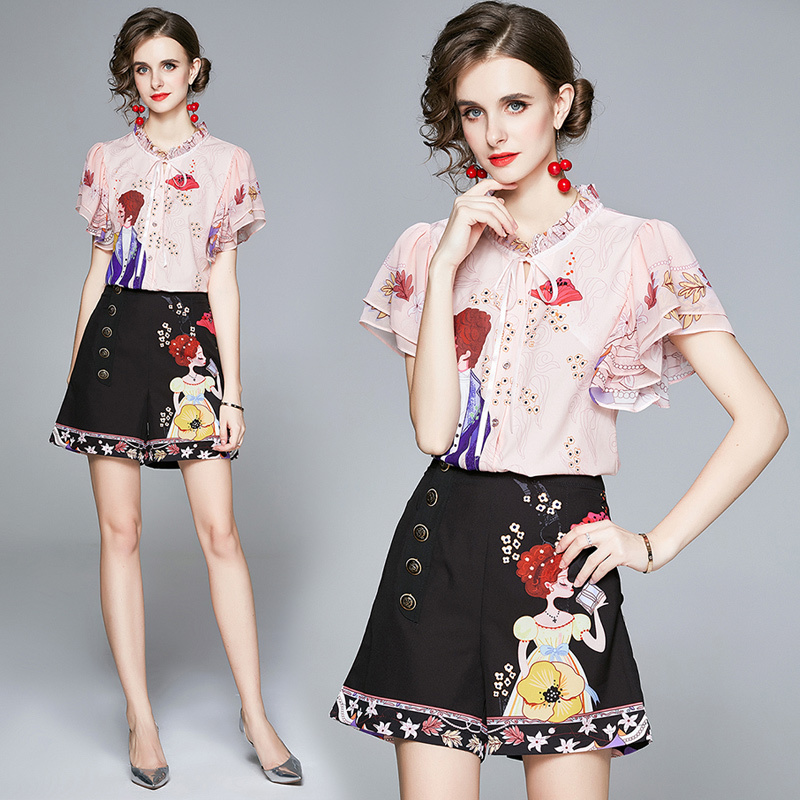 Summer Fall 2pcs Women Ladies Sets Vintage Print Ruffled Collar Bow Short Sleeve Casual Party Top Shirt Blouse Shorts Tracksuits Outfits, Multi
Summer Fall 2pcs Women Ladies Sets Vintage Print Ruffled Collar Bow Short Sleeve Casual Party Top Shirt Blouse Shorts Tracksuits Outfits, Multi