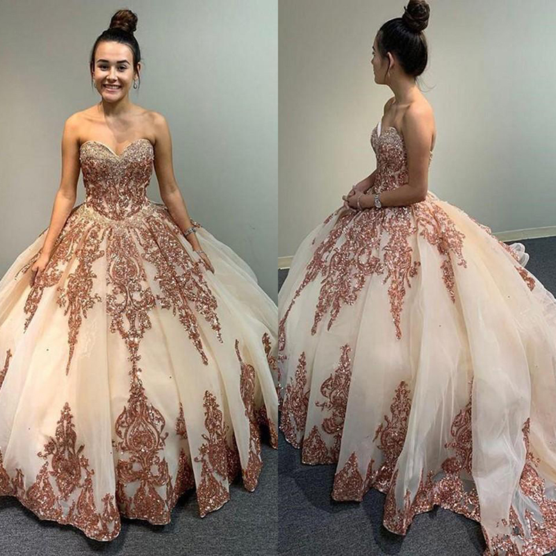 Luxurious Rose Gold Lace Beaded Quinceanera Prom Dresses Sparkly Sweetheart Evening Party Gown Sweet 16 Dress Vestido