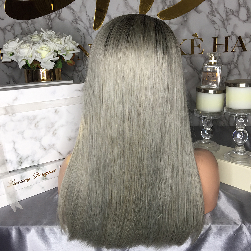 Free part soft natural synthetic Lace Front Wigs 13x4 lace frontal Bleached Knots 150% Density Ombre Grey Color wig