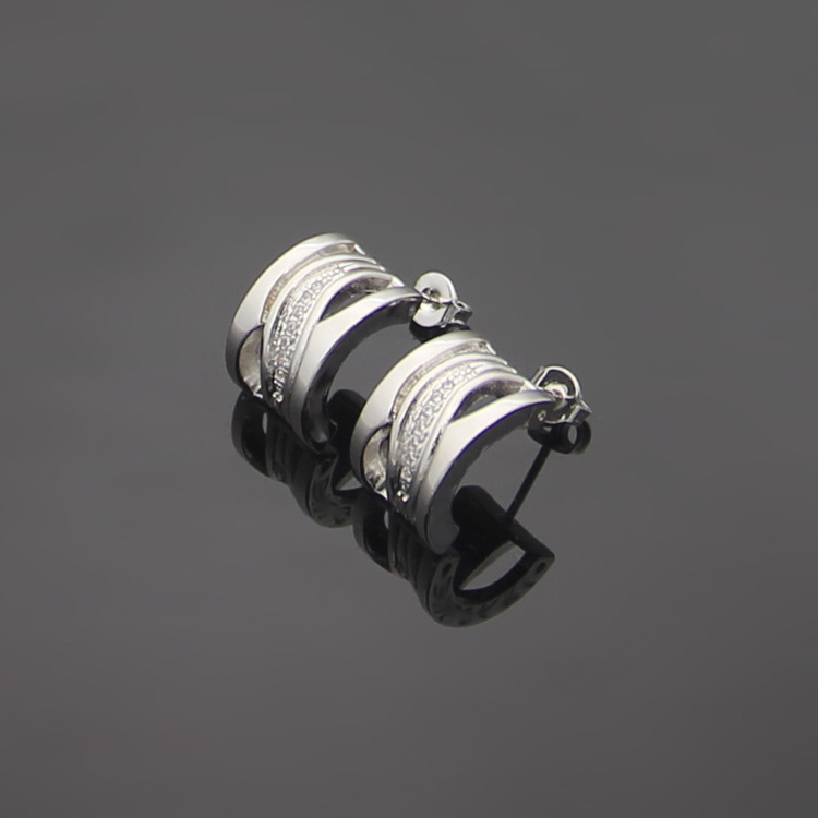 Europe America Style Lady Women Titanium Steel Engraved B Initials Hollow Out Diamond Spiral C-shape Stud Earrings 2 Color