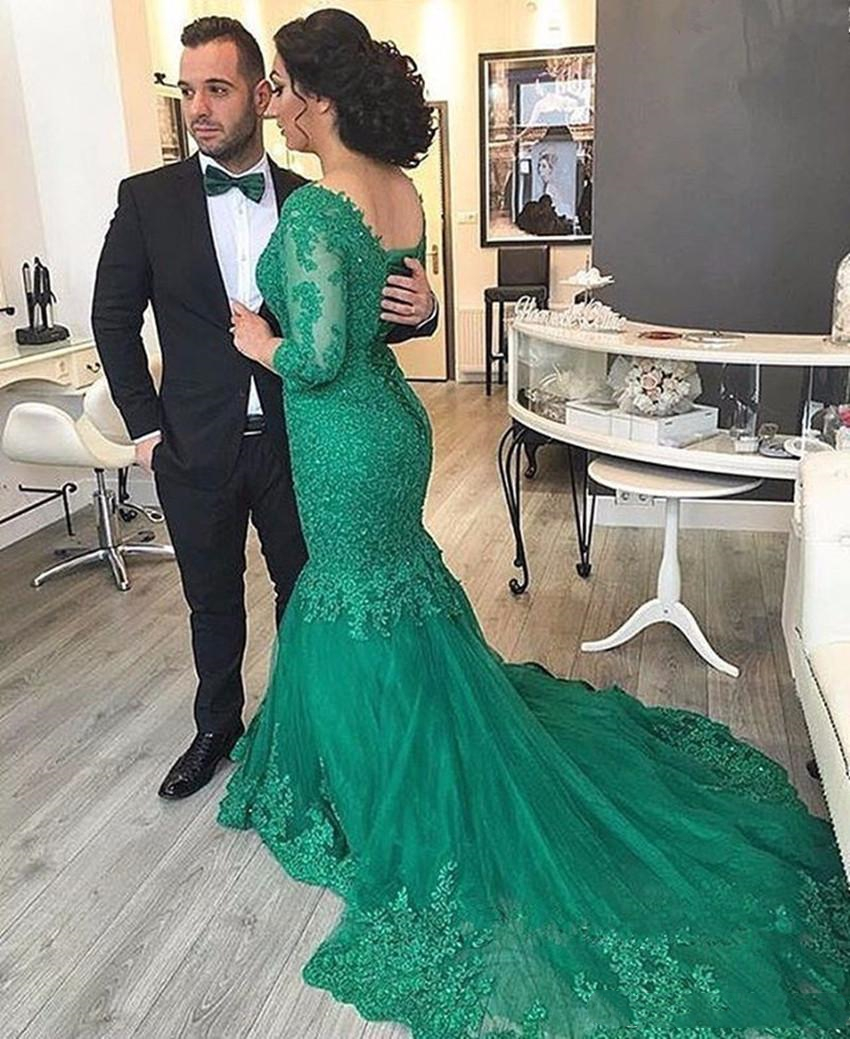 Elegant Arabic Hunter Green Mermaid Evening Dresses 3/4 Long Sleeve Applique Lace Court Train Formal Bridal Gowns Plus Size Prom party Dress
