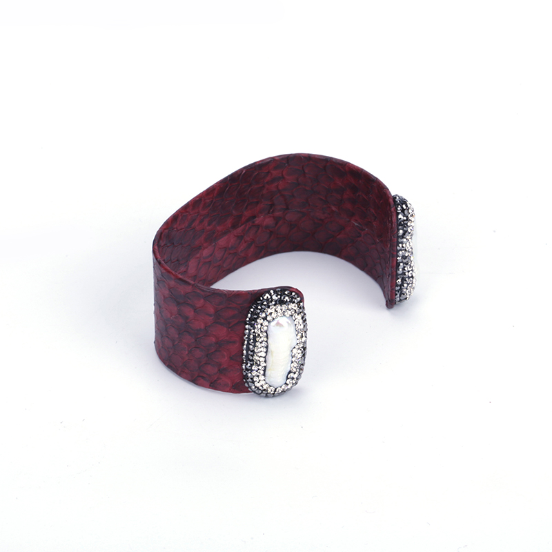Natural Double Irregular Freshwater Pearl End Bead Charm Pave Rhinestone Orange Dark Red Real Leather Big Wide Open Bangle Cuff1