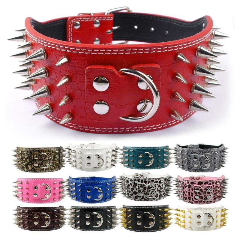 

New Style 3 inch Wide 11 Colors Spiked Studded PU Leather Large Dog Collars For Pit bull