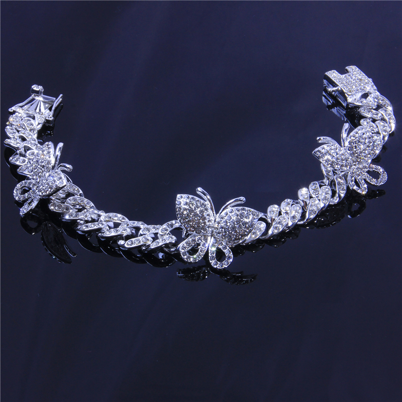 Cuban Link Butterfly Anklets Women Iced Out Tennis Chain Leg Bracelet Beach Anklet Bling Rhinestone Fashion Hip Hop Feet Jewelry A