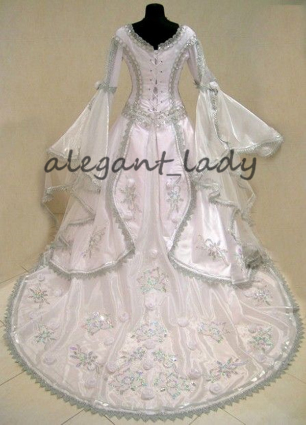 Medieval Vintage Wedding dresses With Bell Long Sleeve 2023 Square Lace Floral Pearls Lace-up Corset Back Gothic Wedding Gown