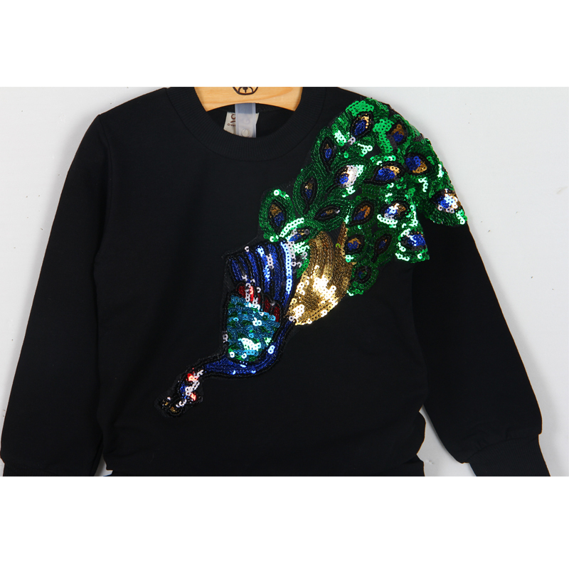 Humor Bear Girls Clothing Sets Winter Wool Sportswear Long Sleeve peacock Embroidered Sequinsets Kids Clothing Sets Y1107