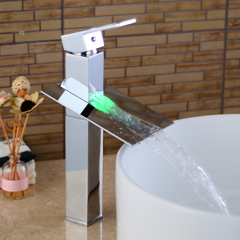 Bathroom Sink Faucets LED Basin Waterfall Faucet Chrome Finish 3 Colors Changing Light Mixer Water Tap LH-16819