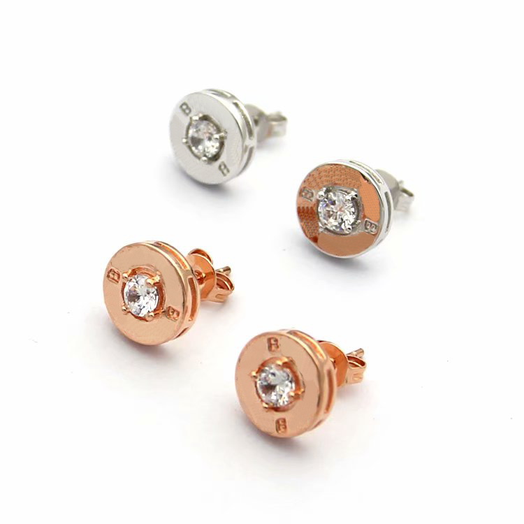 Europe America Style Lady Women Titanium Steel Engraved B Initials Four Prong Setting Single Diamond Round Stud Earrings 2 Color