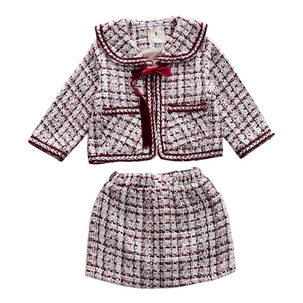 2020 Autumn New Arrival Girls Fashion Tweed 2 Pieces Suit Coat+skirt Kids Princess Sets with Bow