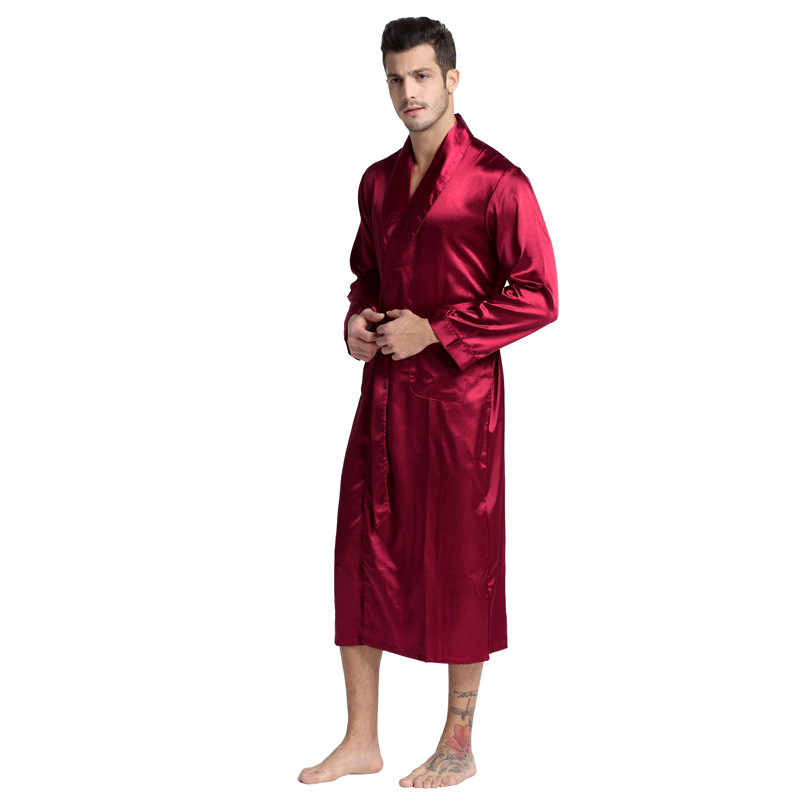 Tony&Candice Men's Silk Satin Bathrobe Robe Long Solid Silk Pajamas Men Silk Nightgown Sleepwear kimono homme Dressing Gown 200919