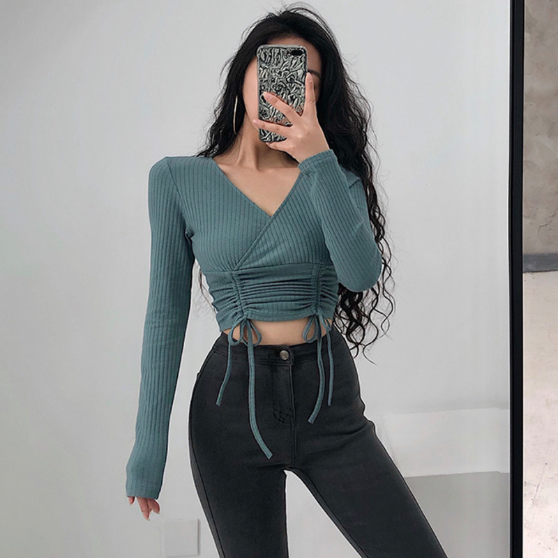 2020 Summer New Knitting Elasticity Sexy V-neck Long Sleeve Shirt Drawstring Tops Blouse Girl Female Womens V0QE, Black
2020 Summer New Knitting Elasticity Sexy V-neck Long Sleeve Shirt Drawstring Tops Blouse Girl Female Womens V0QE, Black
