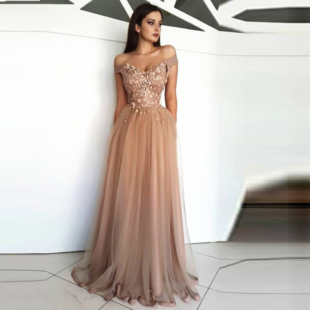 New Customzie Champagne muslim Evening Dresses Long Line Shoulder Tulle Islamic lace Dubai Saudi Arab Long Prom Dress