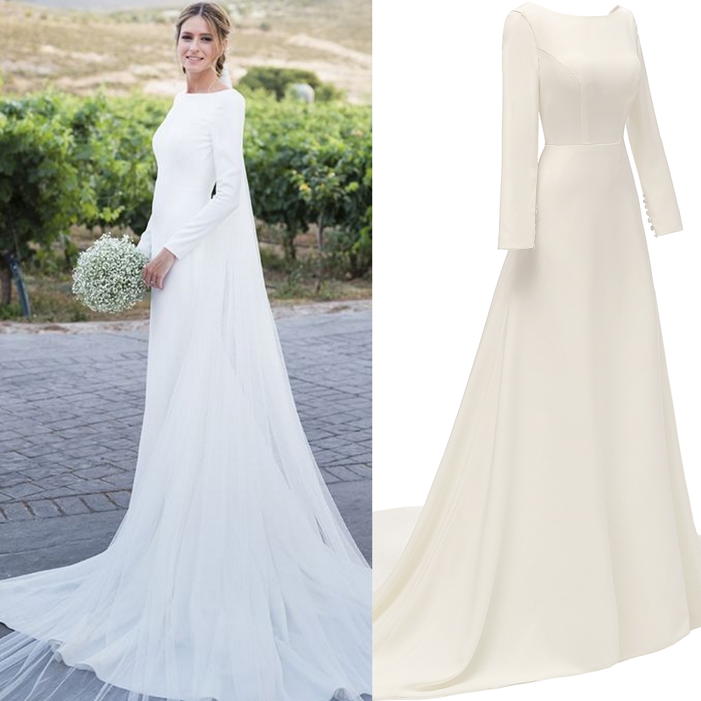 Elegant White Ivory Satin Wedding Dresses Long Sleeves Sexy Backless Simples Country Chapel Garden Bridal Gowns Court Train Vestido de novia