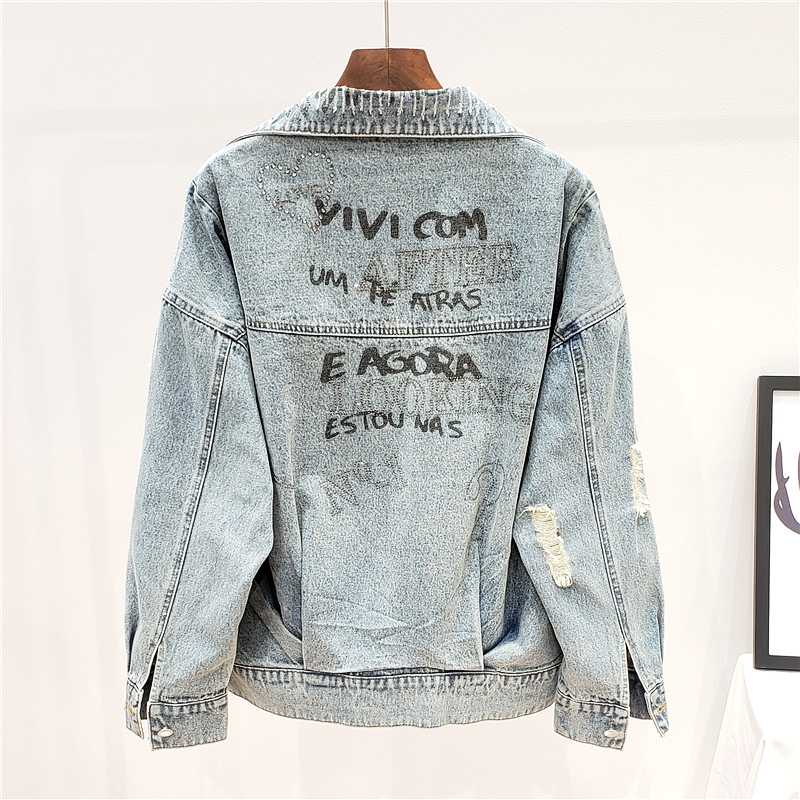2020 Autumn Fashion Back Letter Graffiti Hot Drill Jeans Jacket Women Coat Streetwear Loose Frayed Denim Jacket Female Outerwear, Blue
2020 Autumn Fashion Back Letter Graffiti Hot Drill Jeans Jacket Women Coat Streetwear Loose Frayed Denim Jacket Female Outerwear, Blue
