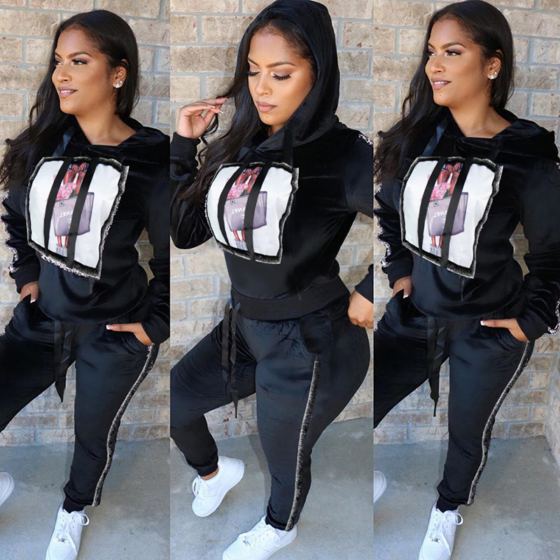 TWO PIECE SET Velvet Women Velour Tracksuit Hoodies Jogger Pants Patchwork Sweat Suits Pattern Sweatsuit Street Warm Winter 2 pc T200916