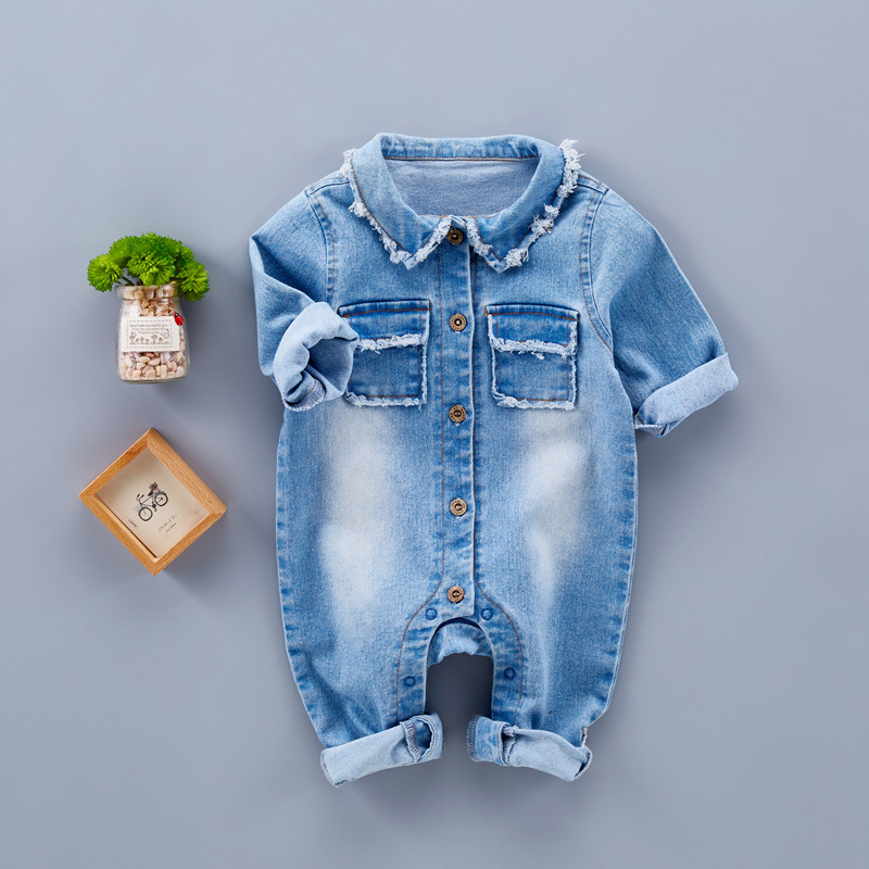 Spring Baby Toddler Long Sleeve Lapel Collar Denim Jeans Giraffe Rainbow Pattern Rompers Kids Infant Jumpsuits roupas de bebe LY083