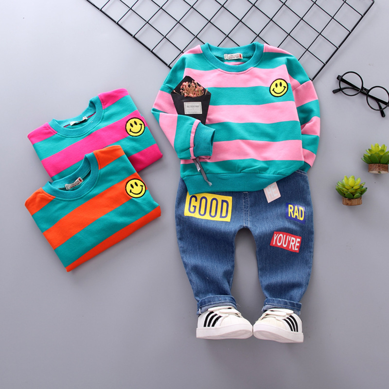 New autumn children's fashion suit color striped boy and girl clothes long-sleeved T-shirt jeans two-piece suit, As picture
New autumn children's fashion suit color striped boy and girl clothes long-sleeved T-shirt jeans two-piece suit, As picture