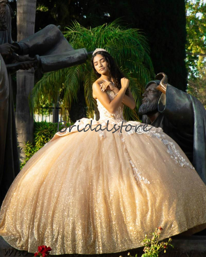 Custom Made Gold Quinceanera Dresses 2020 Sparkly Sequins Fluffy Ball Gown Prom Dresses With Flowers Beaded Sweet 16 Dress Corset Evening