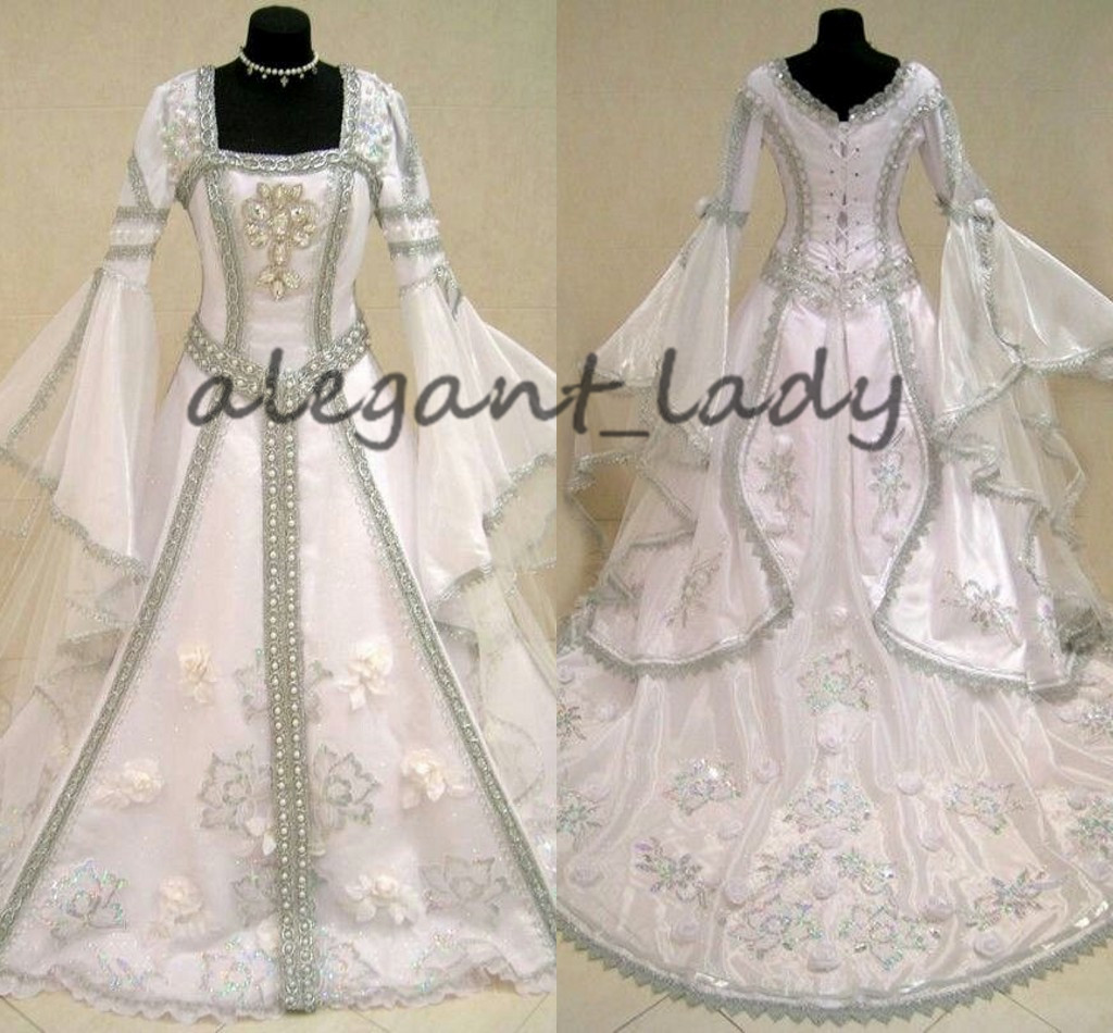 Medieval Vintage Wedding dresses With Bell Long Sleeve 2023 Square Lace Floral Pearls Lace-up Corset Back Gothic Wedding Gown