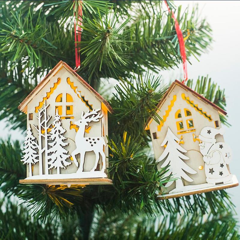 Cute Christmas House Hanging Pendant Lighting 3D Mini Christmas Snow House Wooden Pendant Home Tree Decorations