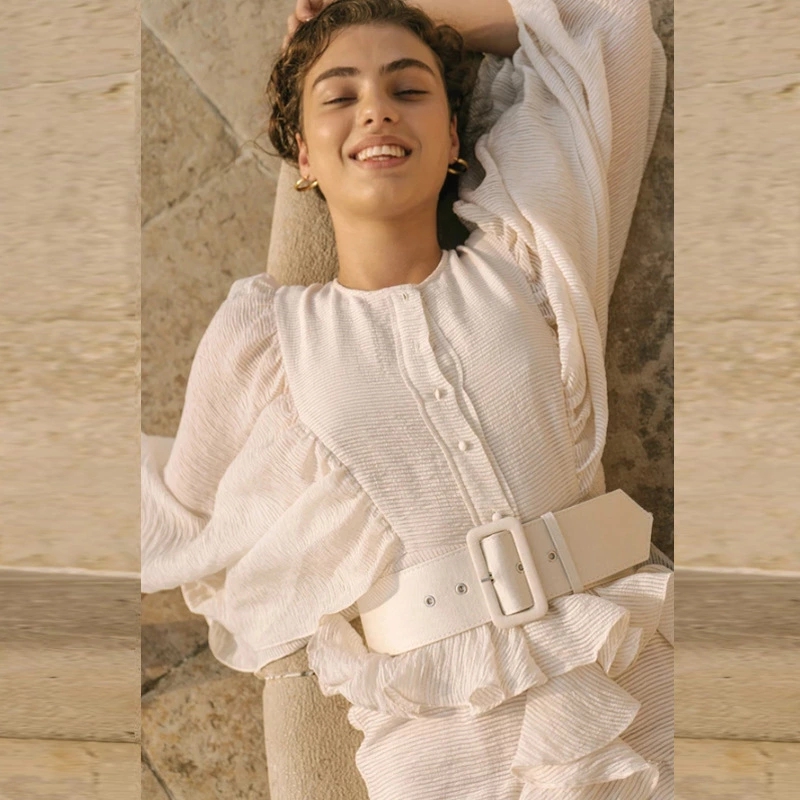 Fashion- Australian trendy catwalk style Vintage-style pleated multi-level flowing lantern sleeve belt dress