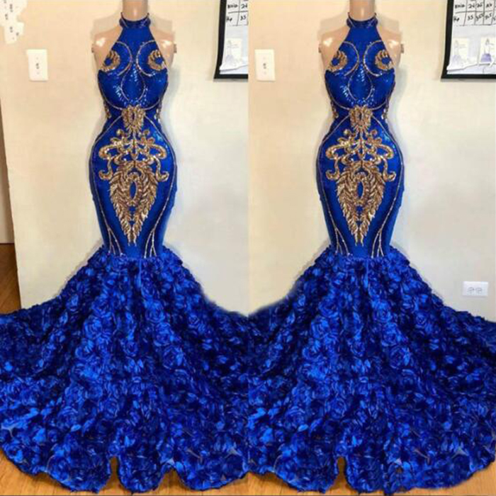 Elegant Red Mermaid Prom Dresses For Black Girl Africa Sparkly Gold Sequin Applique 3D Floral Formal Evening Gown vestidos