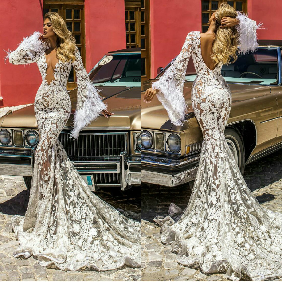 Deep V Neck Feather Wedding Dresses Long Sleeves Backless Illusion Lace Appliqued Bridal Gowns 2021 Mermaid Wedding Dress