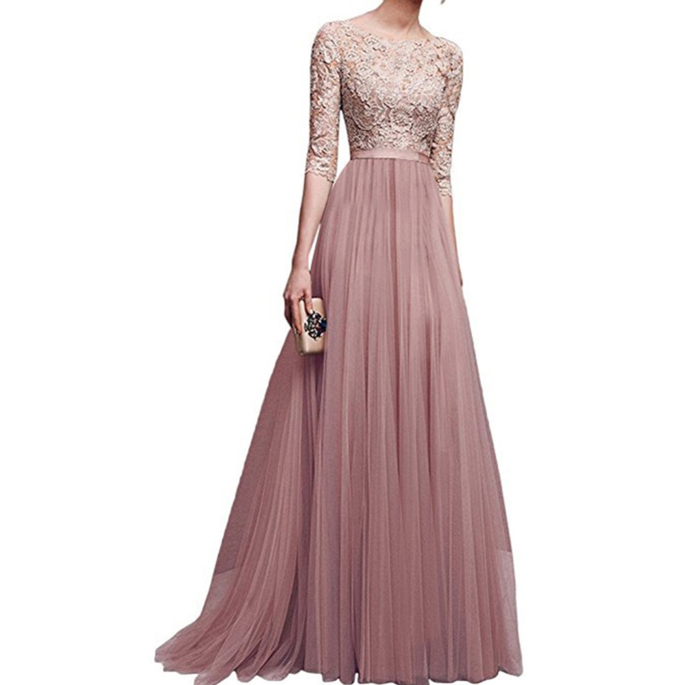 Womens Lace Long Bridesmaid Dress Ladies Elegant Chiffon Maxi Dress Female Short Sleeves Dresses Formal Wedding Dresses