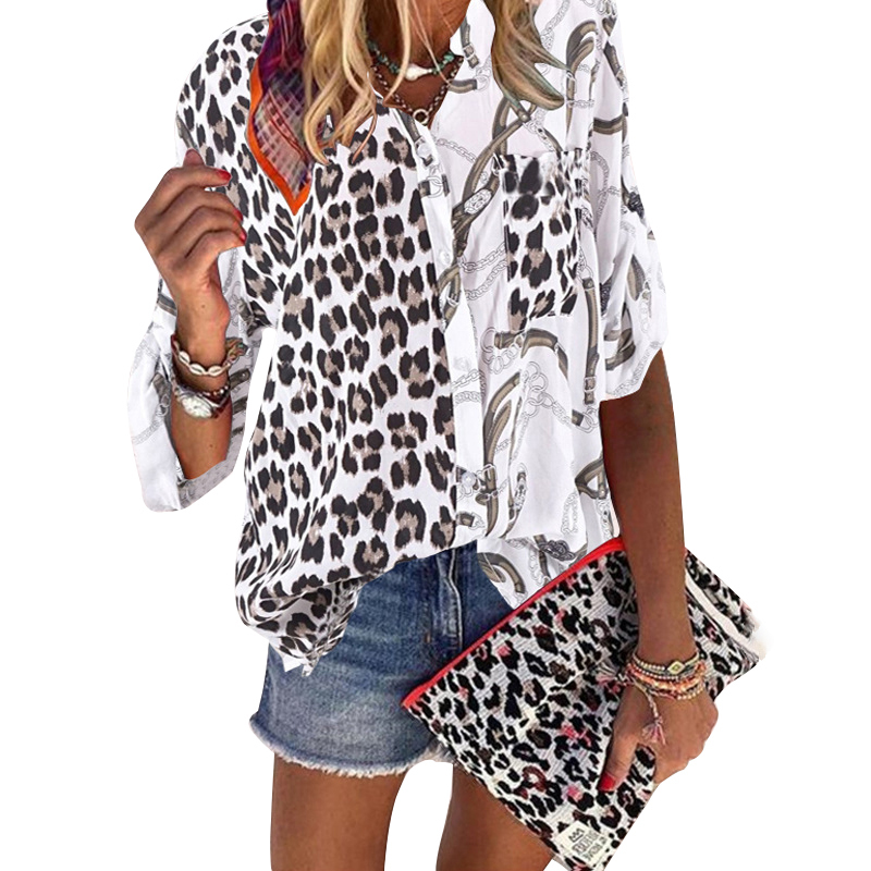 Women Blouse Sping Tops Turn-down Collar Long Sleeve Leopard Shirt Loose Plus Size Clothing For Women Ladies Blouses