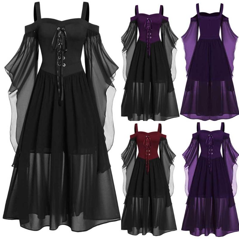 Vintage Medieval Robe Cosplay Costume Womne Plus Size Cold Shoulder Butterfly Sleeve Lace Up Halloween Princess Cosplay Dress#g3