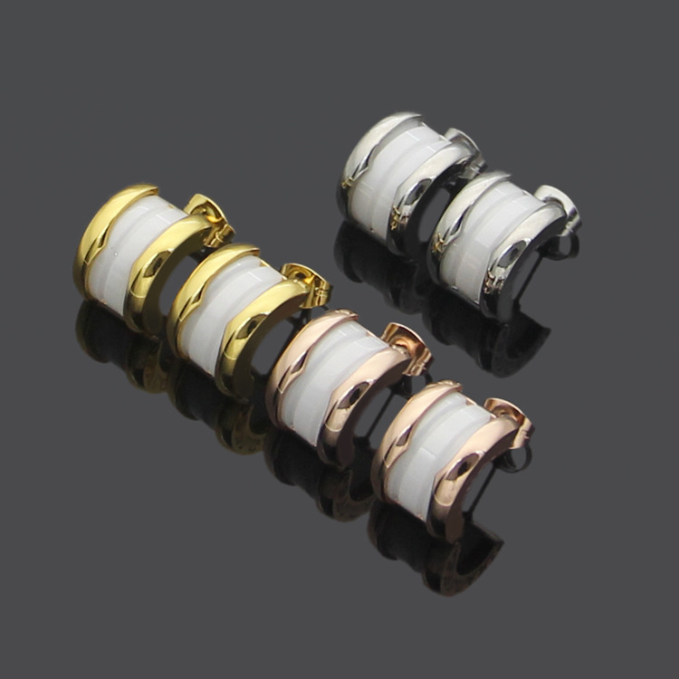 Europe America Style Lady Women Titanium Steel B Initials C-shape Black White Ceramic Spiral Stud Earrings 3 Color