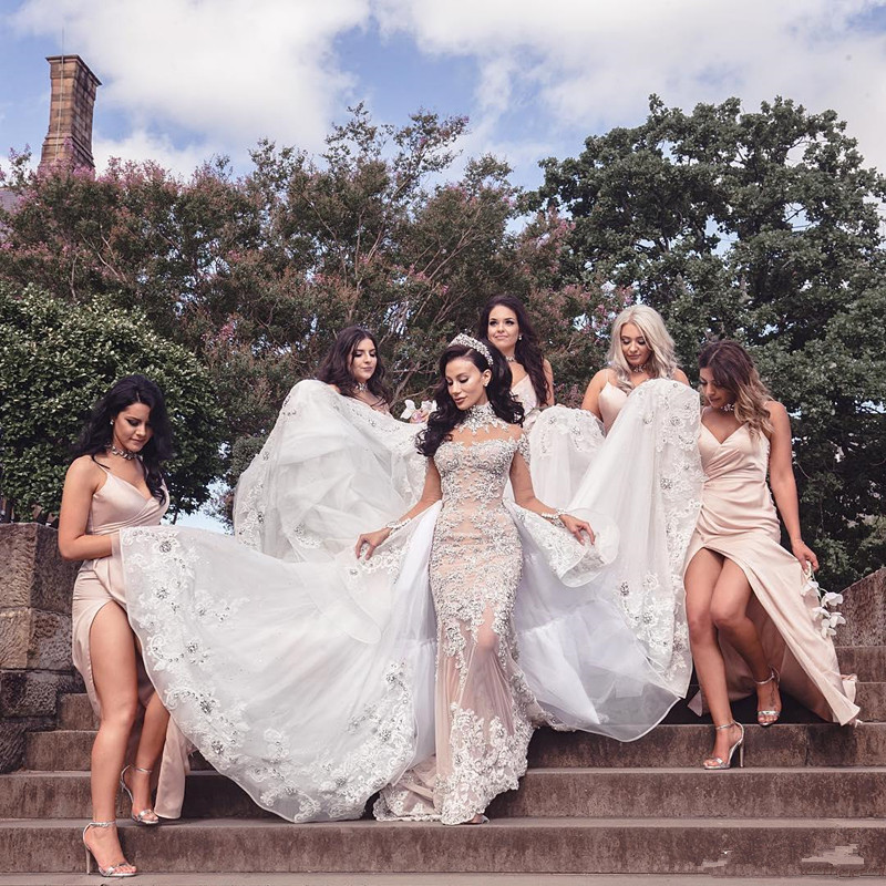 Beaded Graceful Mermaid Lace Wedding Dresses With Detachable Train High Neck Plus Size Rhinestones Bridal Gowns Long Sleeves Robe De Marie