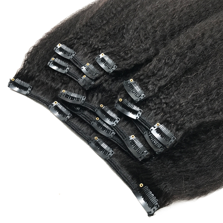 Afro Kinky Straight Clip in Hair Extensions Real Remy Human Hair Natural Black color Yaki Double Weft Clip on Hair Extensions 8pcs/120g