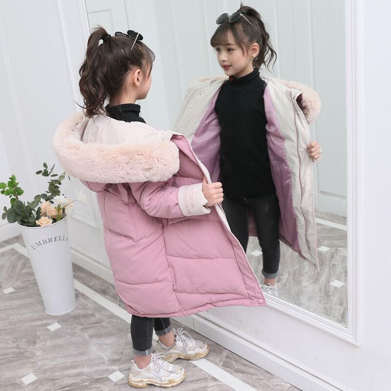 Fashion Children Winter Down Jacket Girl Warm Coats Clothing Kids Thick Parka Big Fur Collar Hooded Long Coats Outerwear 4-14Y T200915
